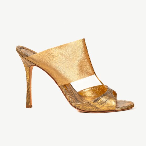 Manolo Blahnik Rip Brushed Gold Slide On T-Vamp Heel Sandals - Picture 1 of 9